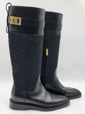 SALVATORE FERRAGAMO ROLY BLACK LEATHER SUEDE PRINT GANCINI RIDING BOOTS. Auth...